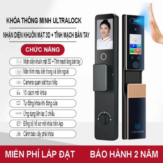 Khóa Điện Tử Ultralock K20 – Nhận Diện Khuôn Mặt 3D, Vân Tay, Tĩnh Mạch Lòng Bàn Tay, Tiếng Việt