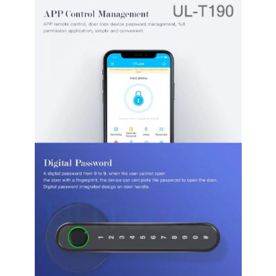 UL-T190 5 trong 1 – Khóa cửa vân tay thông minh dành cho cho gia đình, căn hộ, công ty, khách sạn v.v..
